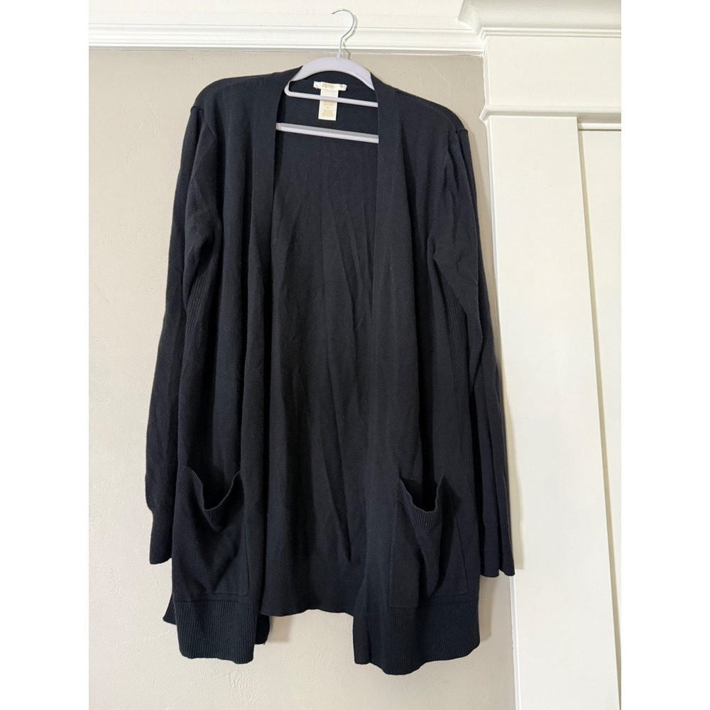 Matty M Black Open Front Cardigan Sweater Longline Pockets MS9121US/OM Large